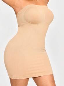 SHAPORA Plus Size Women Solid Color Bodycon Tube Dress - Beige - View 5