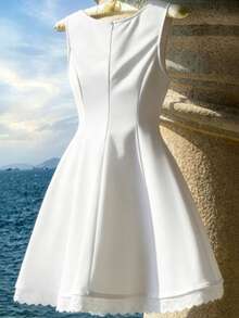 GlowEve CURVE Plus Size Round Neck Sleeveless A-Line Ruffle Patchwork Women's Dress - White - View 2