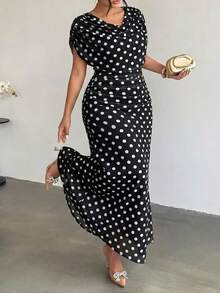 Modelyn Women's Elegant Minimalist Polka Dot Sleeveless Bodycon Plus Size Dress, Suitable For Summer - Black - View 8