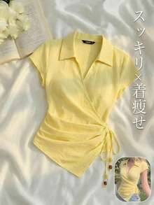 SHEIN MOD Women's Chic Pale Yellow Summer Top,Elegant Tie-Up Asymmetric Hem Shirt For Brunch,Retro Vintage Cottagecore Outfits,Office Wear,Vacation Summer - Yellow - View 8
