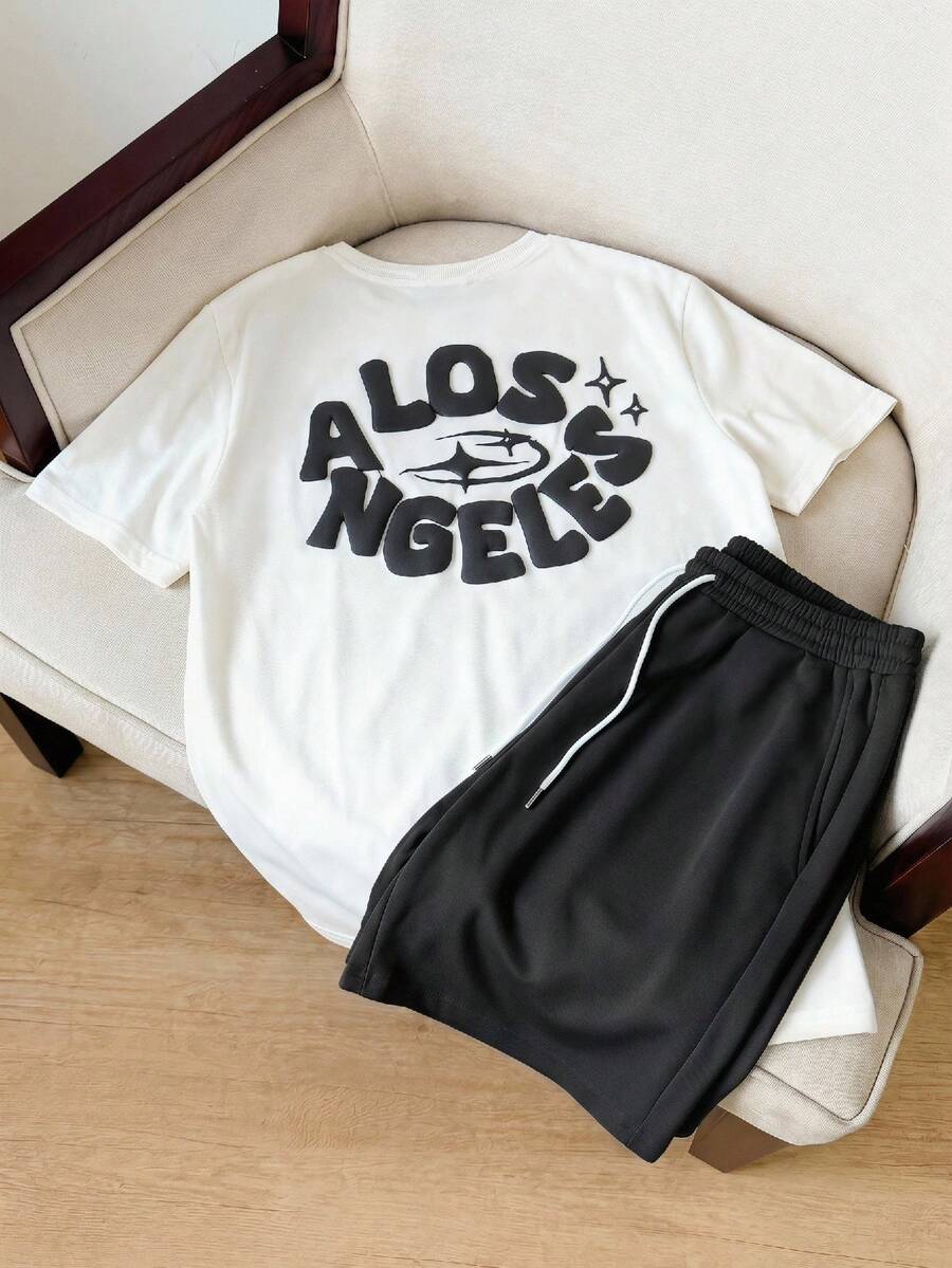 SWAVVY Conjunto de camiseta de manga corta con estampado de espuma para hombre - Blanco y Negro - Ver 1
