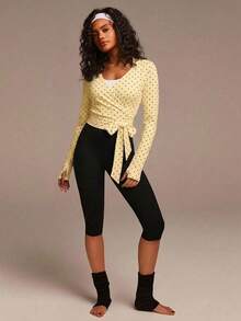 Athîral Women's Polka Dot Print Side Knot Sports T-Shirt - Yellow - View 5