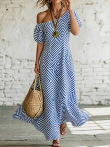 SHEIN Women's Colorblock Geometric Maze Print Asymmetric Neck Puff Short Sleeve Flared Dress - Blue - View 3