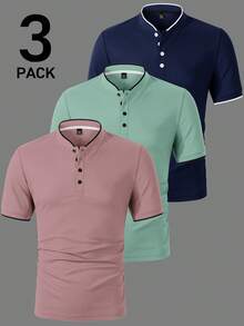 Manfinity Homme 男士短袖半鈕扣素色滾邊 Polo 衫套裝，儀式用 - 彩色 - 查看 4