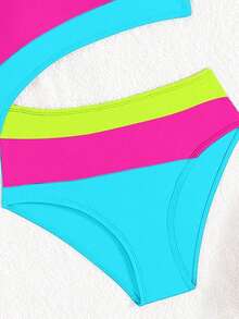 SHEIN Tween Girl Color-Block Asymmetric Neckline One-Piece Swimsuit, Hollowed-Out Waist Design Purple Beach Outfit Summer Holiday - Multicolor - View 5