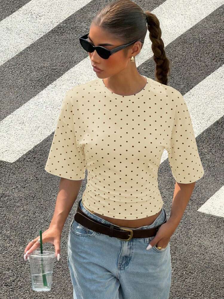 Muchica Women's Slim Fit Simple Polka Dot Short Sleeve T-Shirt - Apricot - View 3