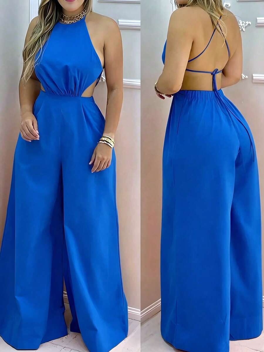 INAWLY Jumpsuit Kasual Model Halter Neck dengan Tali di Belakang dan Potongan Lurus untuk Wanita - Biru - View 1