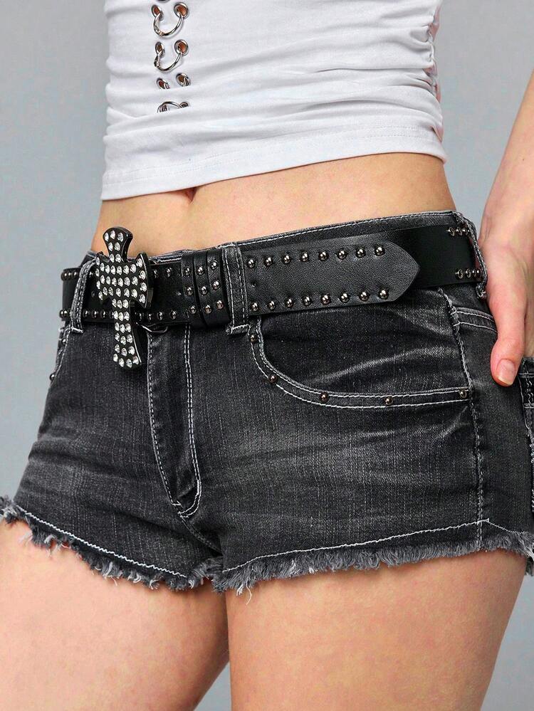 ROMWE Goth 1-Pack Ladies Rhinestone Cross Button Decoration Dark Style Punk Style Belt Halloween Accessories Everyday Versatile - Rhinestone Cross Buckle Belt - View 6
