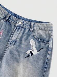 ROMWE MEN 男款刺繡圖案寬鬆牛仔短褲 - 藍色 - 查看 5
