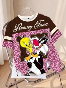 LOONEY TUNES X SHEIN 大码女式可爱时尚圆领短袖T恤 - 白色 - 查看 1
