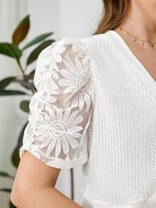 SHEIN Clasi 女款夏季優雅素色蕾絲拼接薄款外套 - 白色 - 查看 4