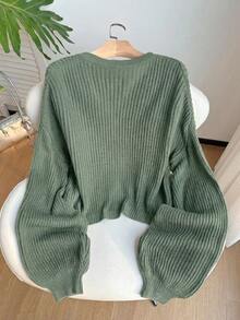 SHEIN EZwear 橄欖綠大尺碼鈕扣V領寬鬆長袖毛衣 - 橄欖綠 - 查看 2