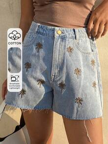 Livesso Embroidered Frayed Hem Women's Denim Shorts - Blue - View 1