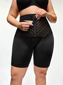 SHAPORA Pantalones de control de figura de talle alto con botones y diseño de patchwork a rayas para mujer de talla grande - Negro - Ver 7