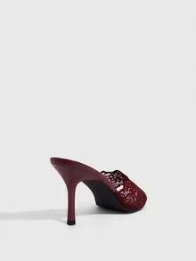 CUCCOO SZL 女款尖頭刺繡線時尚婚禮派對高跟涼鞋 - 酒紅色 - 查看 3