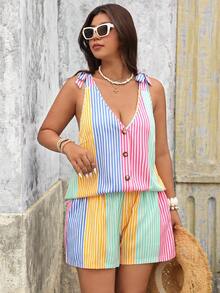 EMERY ROSE Plus Size Women Striped Single-Breasted Vest Shirt And Shorts Casual 2 Pieces Set - Multicolor - View 5