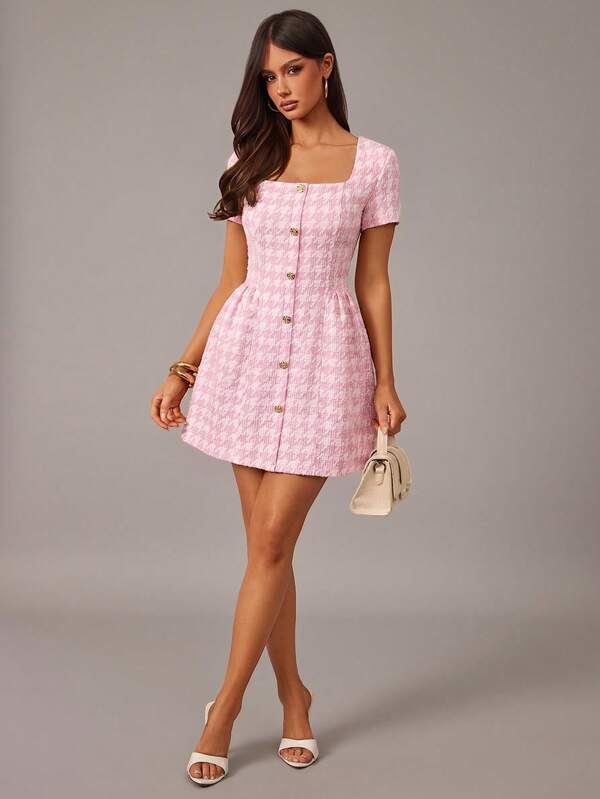 Radiana Summer Elegant Vintage Modest Metal Buckle Decor Pink Tweed Plaid Square Neck Fitted Mini Dress, A-Line Skirt Dress, Waist-Defining Dress, Old Money Style Dress, Date Dress, Suitable For Daily Casual Outings, Urban, Commuting, Dating, Gatherings, Birthdays, Parties, Banquets, Evening Parties, Tea Parties, Vacations, Holiday Travel
