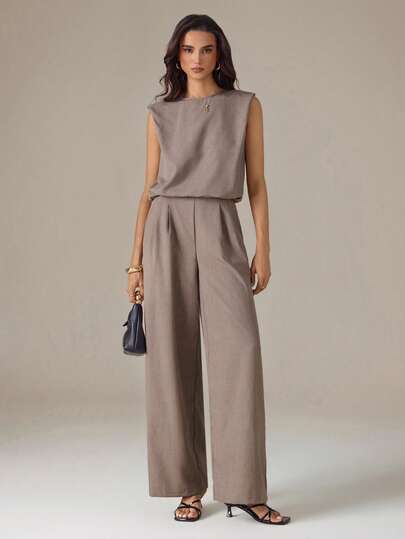 SHEIN Tall Bộ 2 món áo ba lỗ và quần dài nữ phong cách tối giản thường ngày, bộ 2 món màu nâu, bộ 2 món thoải mái, bộ 2 món nữ dễ chịu, bộ 2 món thường ngày, áo sát nách cao cấp + quần ống rộng cạp cao, bộ đồ công sở thanh lịch tôn dáng, trang phục mùa hè cho nữ, từ xuân đến hè