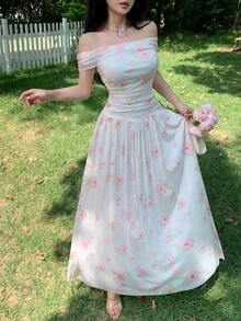 Modelyn Floral Pattern Off-Shoulder Cinched Waist Fitted Midi Dress For Women - Pink - View 7