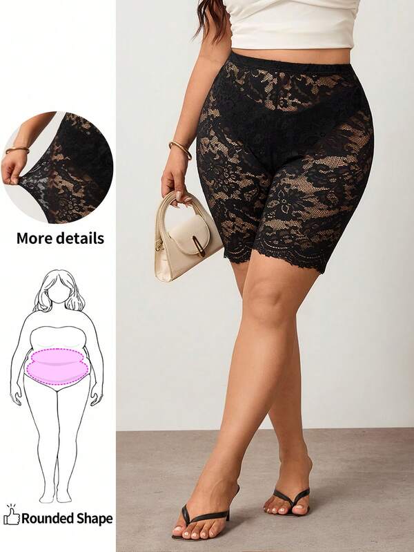 Enliva Plus Size Women Black Floral Lace High Waist Shorts Anti-Chafing Slip Under Dress Shorts