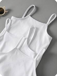 SHEIN Babygirl Summer Cute Simple Solid Color Elastic Strap Romper 3pcs Set - White - View 6