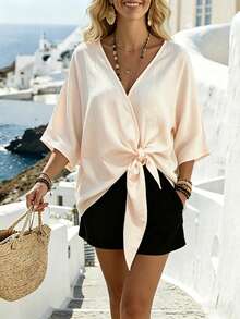 SHEIN Holidaya Women's Textured Versatile Front Tie Short Sleeve Shirt - Apricot - View 4