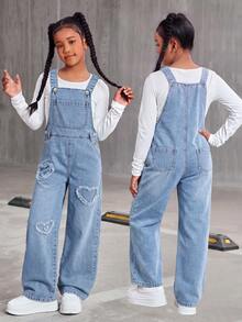 SHEIN Celana Jeans Denim Biru Muda Klasik Model Lurus dan Lebar untuk Remaja Perempuan, Bordir Berbentuk Hati, Kancing Logam, Saku Belakang, Cocok untuk Musim Panas, Sekolah, dan Olahraga. - Light Wash - View 4