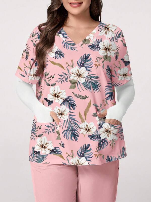 PopScrub Atasan Wanita Ukuran Besar Motif Hibiscus Warna Pink, Atasan Seragam Kerja Wanita Model V-Neck Lengan Pendek dengan Kantong, Desain Tali Telinga, Belahan di Bagian Bawah, Atasan Seragam Musim Semi/Panas