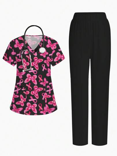 PopScrub 2pcs Casual Rose Red Ribbon & Butterfly Pattern Uniform Set, Women's Fashion V-Neck Short Sleeve Pocket Loop Design Workwear Top And Straight Leg Pants, Spring/Summer