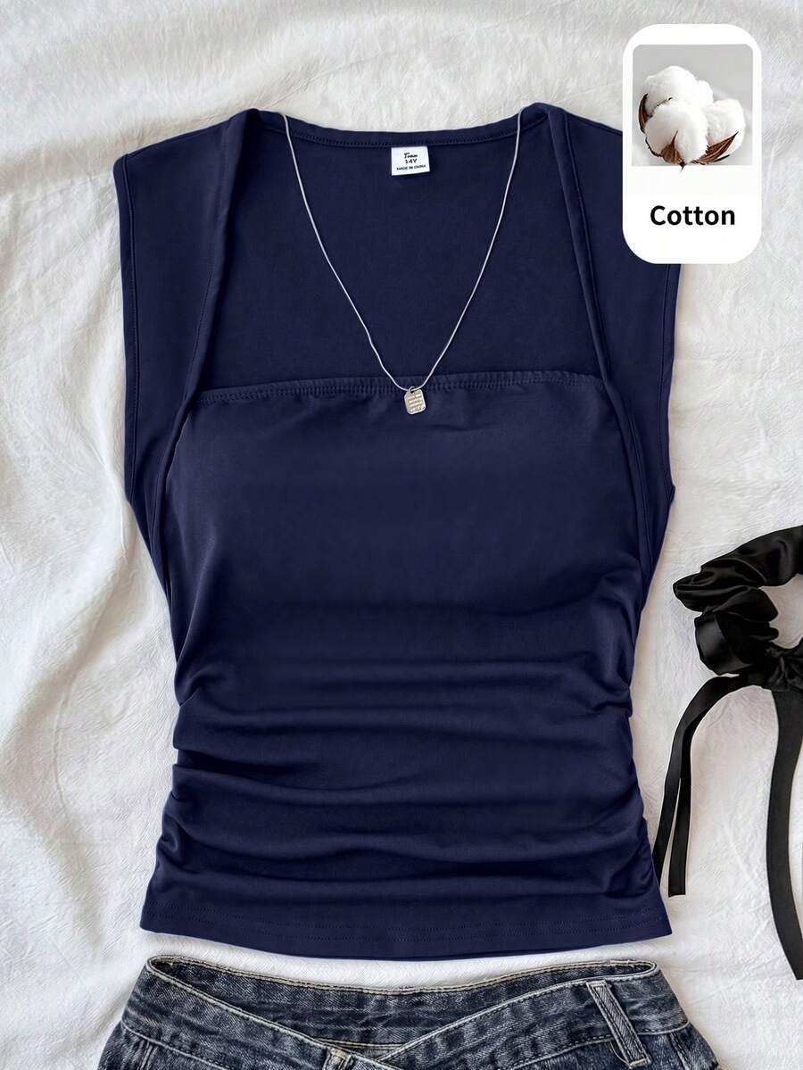 SHEIN Teen Girl Solid Color Pleated Fitted Versatile Daily Outing Top - Royal Blue - View 1