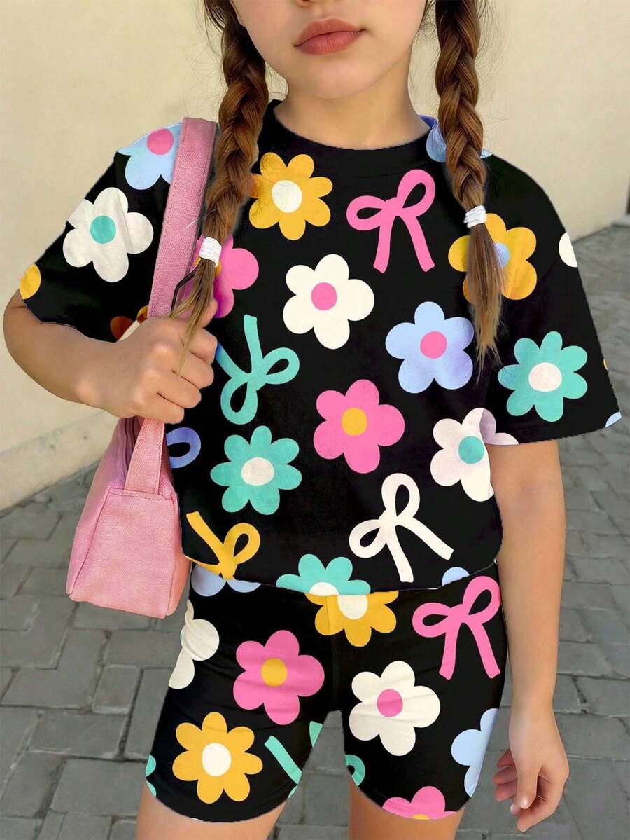 SHEIN 青少年女孩花卉印花短袖T恤與短褲休閒套裝 - 彩色 - 查看 1