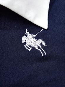 SHEIN 少女骑士印花撞色Polo领短袖T恤和短裤休闲套装 - 藏蓝色 - 查看 5