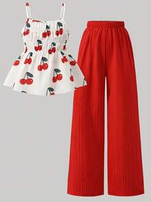 Souflis Souflis Girls' Summer Cute Sweet Striped Bow Print Camisole Top And Draped Wide Leg Pants Set - Multicolor - View 6