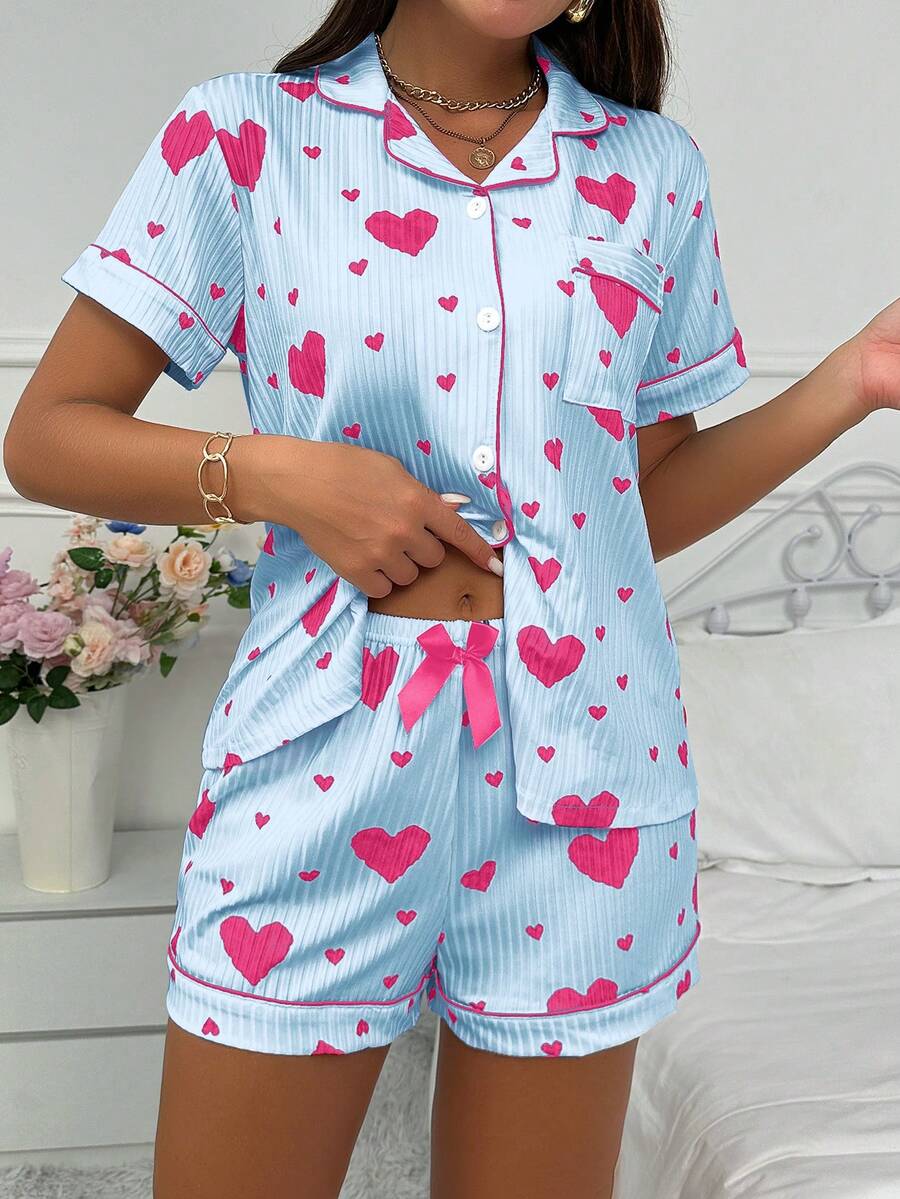 SHEIN Heart Print Lapel Open Front Short Sleeve Shorts Ribbed Pajama Set - Blue - View 1