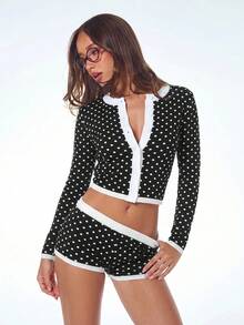 SHEIN ICON 2件組女款音樂會外穿條紋圖案前扣長袖上衣與短褲套裝，春季 - 黑與白 - 查看 7