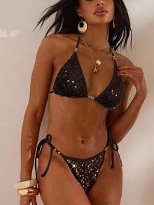 Opulessa Bra Bikini Seksi Wanita dengan Hiasan Payet dan Manik-manik - Coklat - View 5