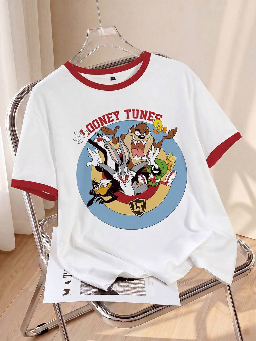 LOONEY TUNES X SHEIN 大尺碼全身印花T恤 - 白色 - 查看 1