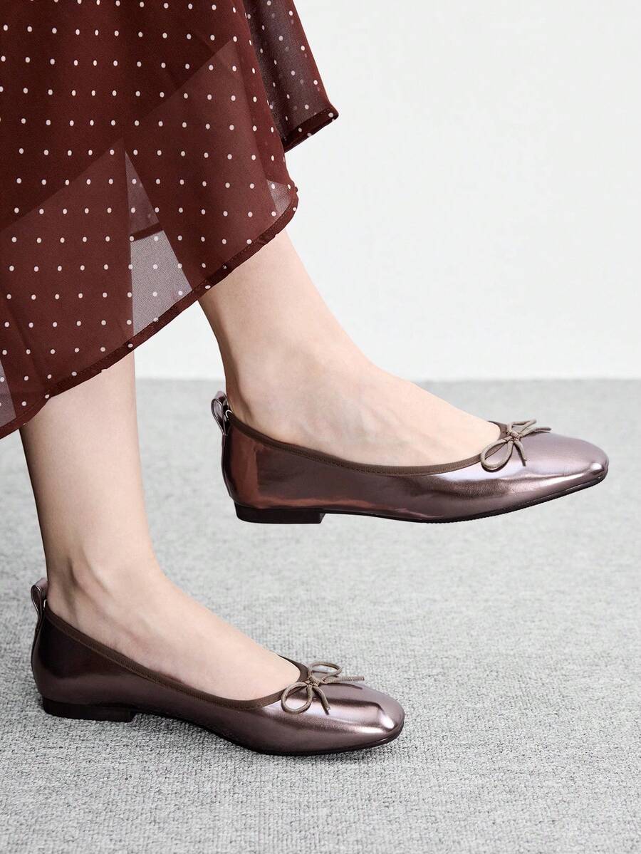 CUCCOO BIZCHIC Spring And Autumn Bow Decoration Square Toe Flat Bottom Sweet Style Ballet Shoes Commuter Dating Fall Shoes - gun color - View 1