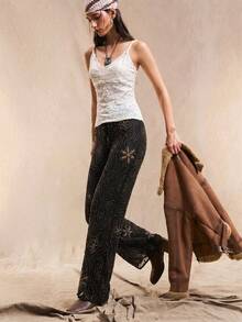 SHEIN EZwear 黑色大尺碼女款派對亮片刺繡直筒長褲 - 黑色 - 查看 5