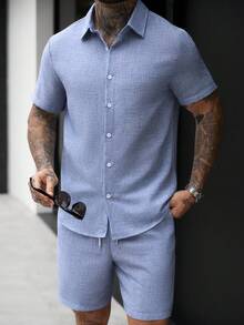 Manfinity Homme Men's Plus Size Solid Color Textured Casual Short Sleeve Shirt And Straight Leg Elastic Waist Shorts Set For Summer - Blue - View 5