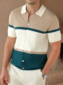 Core Aspect Men's Contrast Color Short Sleeve Single Breasted Casual Knit Cardigan - Khaki - View 7