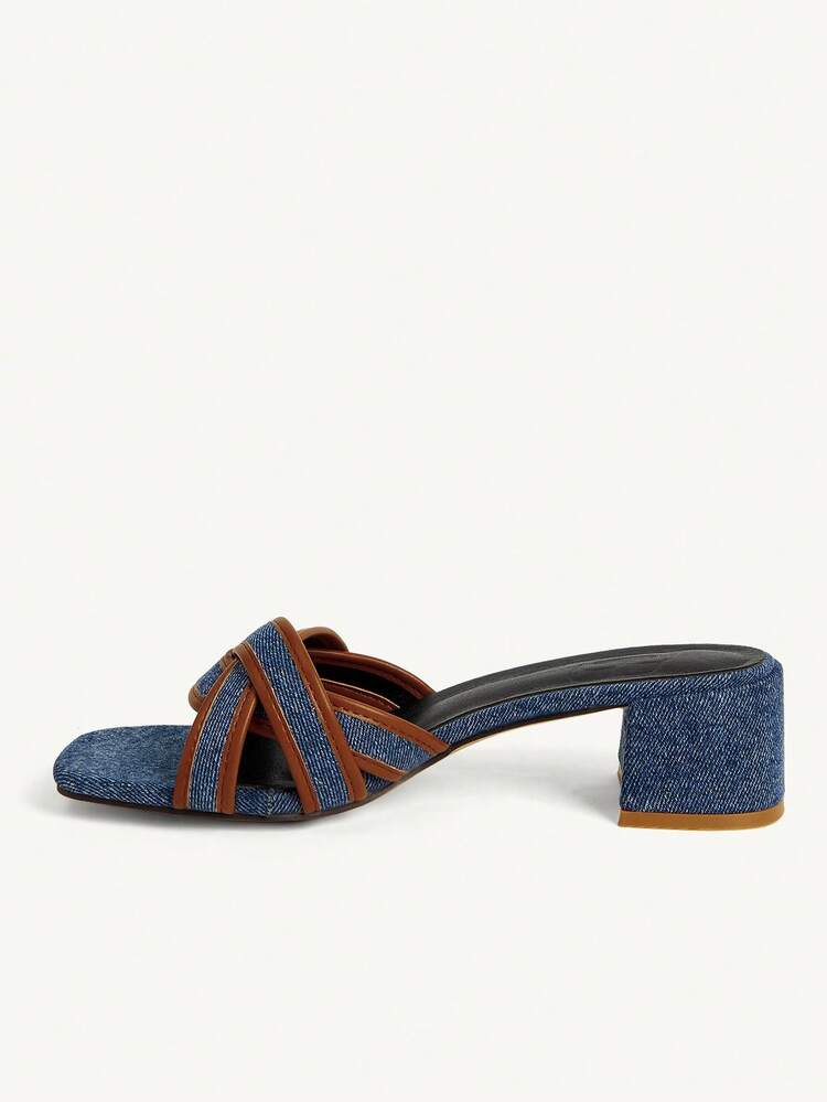 CUCCOO CHICEST Ladies Summer Cross-Woven Design Square Head Thick Heel Medium Heel Retro Style Canvas Dark Blue Sandals Daily Commuting Shopping