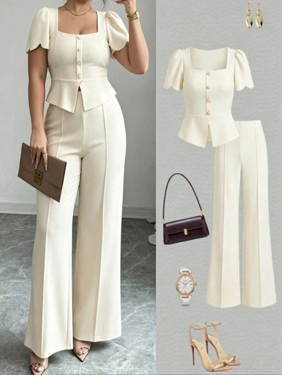 SHEIN Clasi Spring Summer Autumn Elegant Commuter Square Neck Wavy Short Sleeve Long Pants Apricot Plus Size 2 Pieces Set - Apricot - View 1