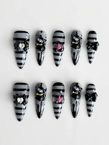 ROMWE Anime 10 Peças Manicure de Gato Listrado Estilo Gótico, Manicure Personalizada Feita à Mão de Alta Qualidade, Unhas Postiças Longas em Formato de Amêndoa Adequadas para Todas as Estações - Multicolorido - Visão 1