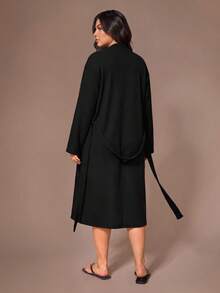 Lazeform Plus Double Pocket Drop Shoulder Waffle Knit Belted Robe, Cozy And Elegant, Fall & Winter Outfits - Black - View 3