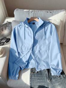 SHEIN EZwear 藍色大尺碼女款休閒長袖拉鍊連帽外套 秋季 - 藍色 - 查看 1