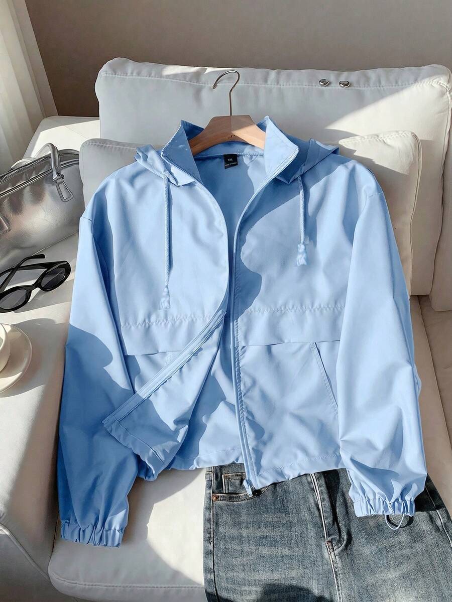 SHEIN EZwear 藍色大尺碼女款休閒長袖拉鍊連帽外套 秋季 - 藍色 - 查看 1