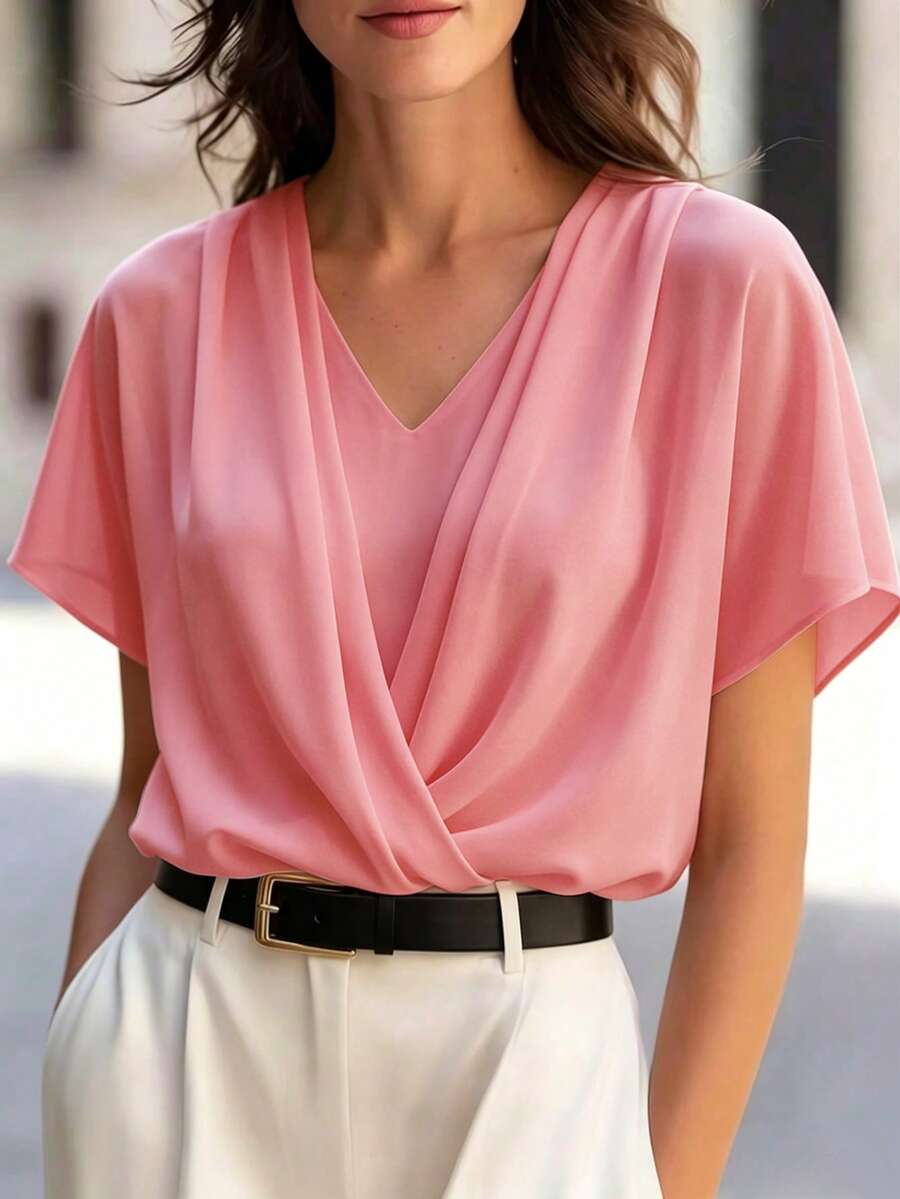 SHEIN 女款 2 合 1 雪紡拼接蝙蝠袖上衣,短版腰身 V 領女裝上衣,優雅粉色女款上衣 - 粉色 - 查看 1