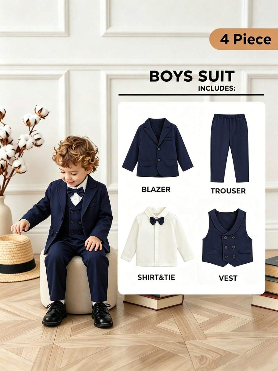 SHEIN 男嬰正式紳士西裝套裝：白色襯衫、領結、西裝外套、背心、長褲，適用婚禮、1歲生日、花童、洗禮，海軍藍秋季款
