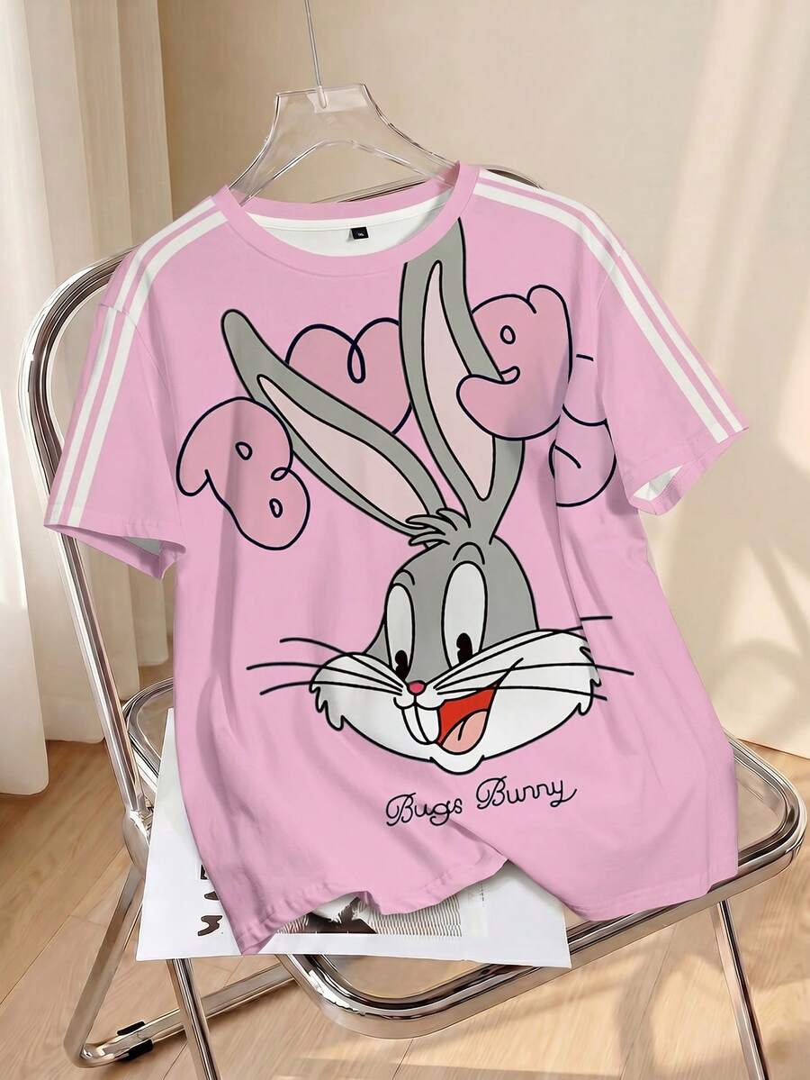 LOONEY TUNES X SHEIN Plus Size Women Cartoon Print Casual Versatile Daily Short Sleeve T-Shirt - White - View 1